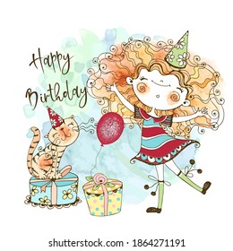 Birthday card with a cute red-haired girl and a cute cat with gifts, in the technique of watercolor and Doodle style. Vector.