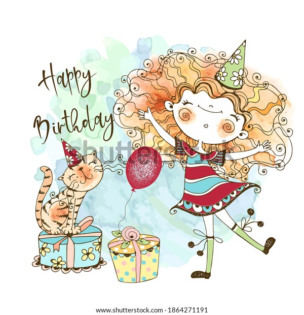 Birthday Card Cute Redhaired Girl Cute Stock Vector (Royalty Free ...