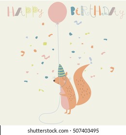 Birthday card with cute  squirrel holding a balloon  in cartoon style