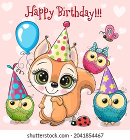 Birthday card with Cute Squirrel and owls with balloon and bonnets
