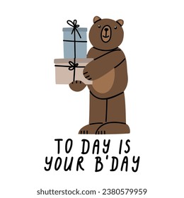 Birthday card with cute Teddy Bear and presents. Illustration on simple modern style. Colorful flat vector illustration isolate on a white background. Premade poster, t-shirt print, sticker, textile.