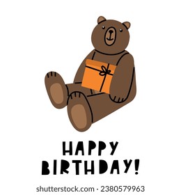 Birthday card with cute Teddy Bear and present. Illustration on simple modern style. Colorful flat vector illustration isolate on a white background. Premade poster, t-shirt print, sticker, textile