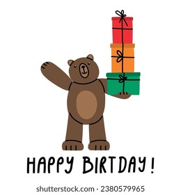 Birthday card with cute Teddy Bear and presents. Illustration on simple modern style. Colorful flat vector illustration isolate on a white background. Premade poster, t-shirt print, sticker, textile.