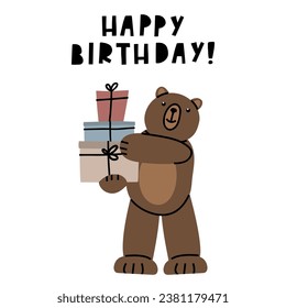 Birthday card with cute Teddy Bear. Illustration on simple modern style. Colorful flat vector illustration isolate on a white background. Premade poster, t-shirt print, sticker, textile. EPS 10.