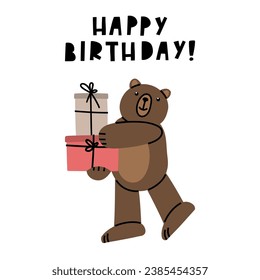 Birthday card with cute Teddy Bear. Illustration on simple modern style. Colorful flat vector illustration isolate on a white background. Premade poster, t-shirt print, sticker, textile. EPS 10.