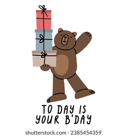 Birthday card with cute Teddy Bear. Illustration on simple modern style. Colorful flat vector illustration isolate on a white background. Premade poster, t-shirt print, sticker, textile. EPS 10.