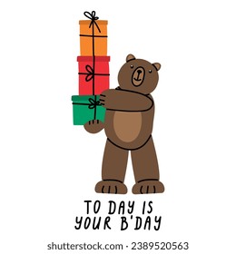 Tarjeta de cumpleaños con el Oso Teddy lindo y cajas de regalo. Ilustración en un estilo sencillo y moderno. Ilustración de vector plana colorida aislada sobre un fondo blanco. Cartel prefabricado, estampado de camisetas, pegatina, textil