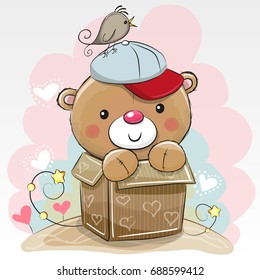 Birthday card with a Cute Teddy bear and a bird