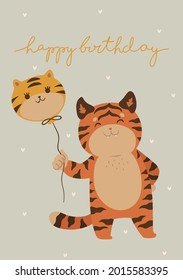 Birthday card with cute tiger. Vector graphics.