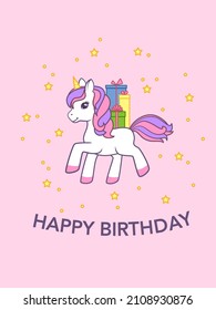 Birthday card with cute unicorn with gifts on his back. Vector illustration