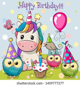 Birthday card with Cute Unicorn and owls with balloon and bonnets