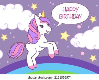 Birthday card with cute unicorn and rainbow. Vector illustration