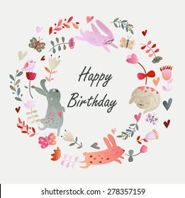 Birthday card with cute watercolor flowers, butterflies and bunnies in cartoon style