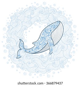 Birthday card with cute whale  in cartoon doodle style. Have a whale of a birthday.