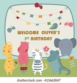 Birthday card with cute zebra, hippo,  alligator, giraffe and elephant in cartoon style
