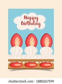 A birthday card decorated with a strawberry cake that breaks through half.