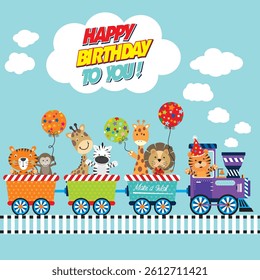 Birthday card design with animals and balloons on the train