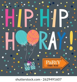 Birthday card design with balloons, gift and lettering