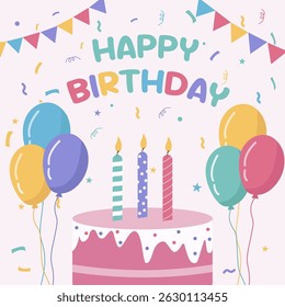 Birthday card design with cake, balloons, birthday candle and typography. Vector illustration