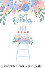 Geburtstagskartendesign mit Geburtstagskuchen und blauen Blumen. Vektorillustration. In: Happy Birthday Kalligraphy.