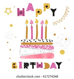 Birthday card design. Birthday cake with candles and Happy Birthday lettering. Vector illustration. 