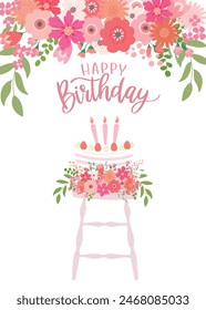 Birthday card design with birthday cake and pink flowers. Vector illustration. Happy Birthday calligraphy.