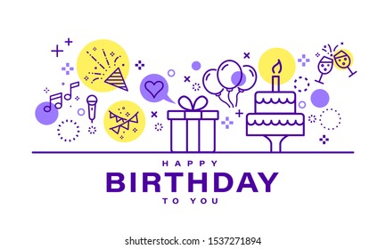 Birthday card design. Celebration party illustration. Party elements icons in line style on white background.