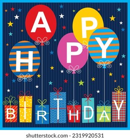 Birthday card design with colorful balloons and gifts