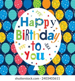 Birthday card design with colorful balloons and lettering