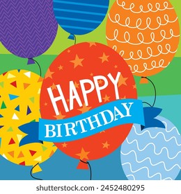 Birthday card design with colorful balloons and text