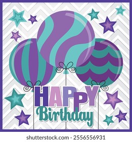 Birthday card design with colorful balloons and stars