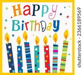 Birthday card design with colorful candles and text