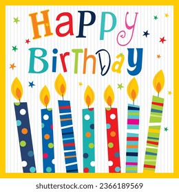 Birthday card design with colorful candles and text