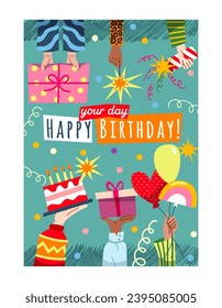 Birthday card design. Colorful greeting card with friends hands holding birthday cake, balloons, gifts and fireworks. Party celebration. Cartoon flat vector illustration isolated on white background