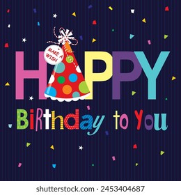 Birthday card design with colorful lettering and party hat