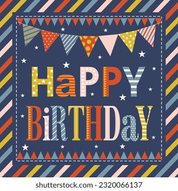 Birthday card design with colorful text and bunting