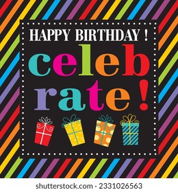 Birthday card design with colorful text, gifts and stripes
