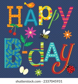 Birthday card design with colorful text and decorations