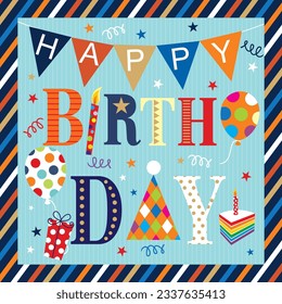 Birthday card design with colorful text, balloons and cake