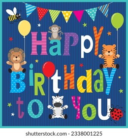 Birthday card design with colorful text and cute animals