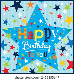 Birthday card design with colorful text and stars