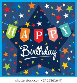 Birthday card design with colorful text and stars