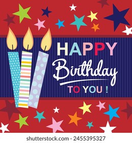 Birthday card design with colorful text, candles and stars