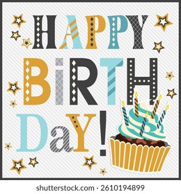 Birthday card design with cup cake and candles