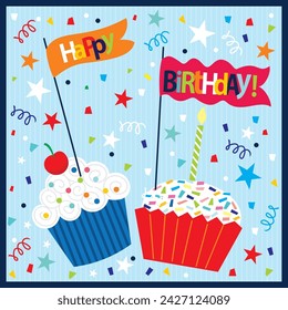 Birthday card design with cupcake, candle and flag