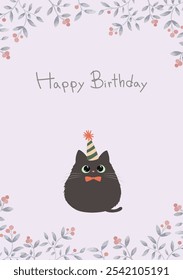 Diseño de tarjeta de cumpleaños de lindo gatito negro con un sombrero de fiesta con fuente de feliz cumpleaños. Gato en Ilustración vectorial de estilo plano. Marco botánico de la baya roja con el fondo púrpura.