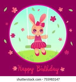 Birthday card design with cute bunny girl in pink dress with bow. Rabbit swinging in spring. Vector illustration