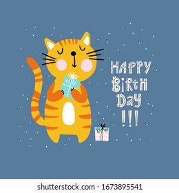 Birthday card design with cute cat holding a gift box and handwritten text happy birthday on blue background. Ideal for kids greeting card, party invitation or banner. Vector illustration.