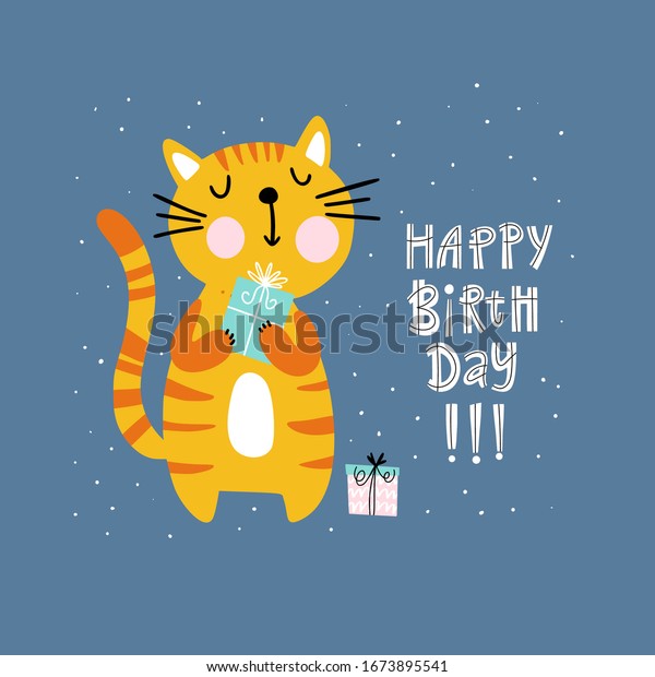 Birthday Card Design Cute Cat Holding Stock Vector (Royalty Free ...