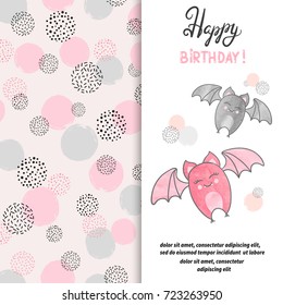 Birthday card design with cute flying bats. Vector illustration.